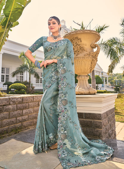 Sea Green Organza Cutdana Work Party Wear Saree