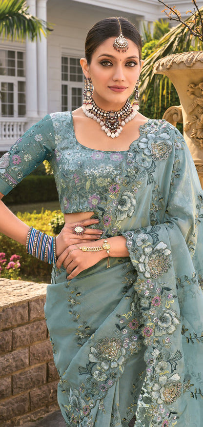 Sea Green Organza Cutdana Work Party Wear Saree