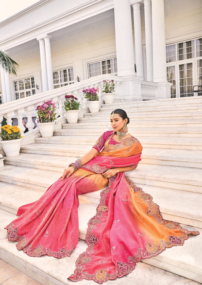 Orange and Pink Crepe Jacquard Zarkan Embroidery Party Wear Saree