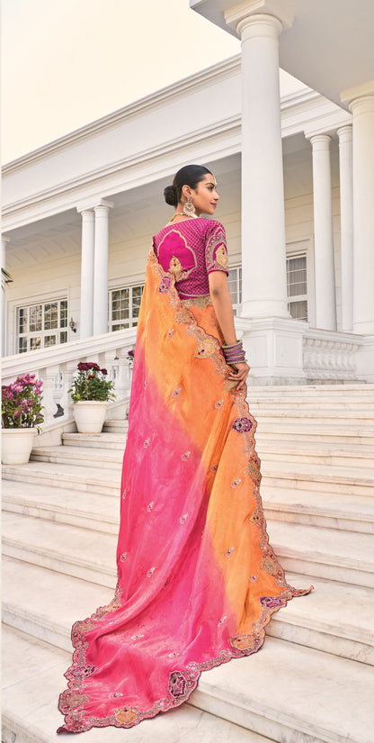 Orange and Pink Crepe Jacquard Zarkan Embroidery Party Wear Saree