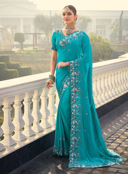 Firozi Blue Crepe Zarkan Embroidery Saree