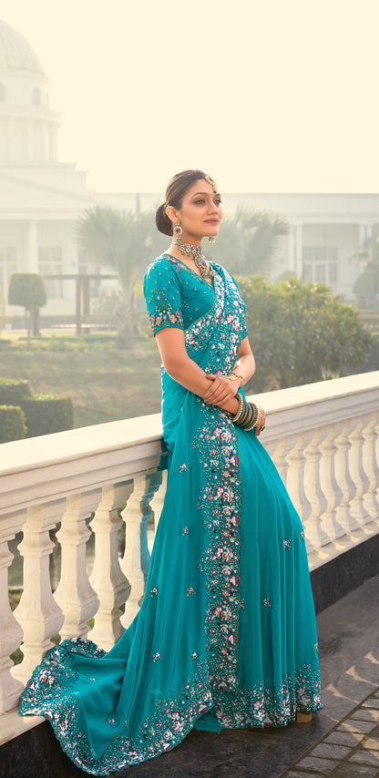 Firozi Blue Crepe Zarkan Embroidery Saree
