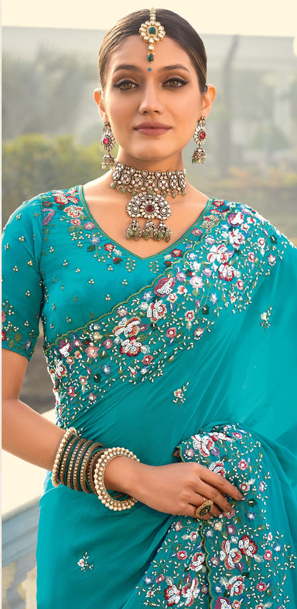 Firozi Blue Crepe Zarkan Embroidery Saree