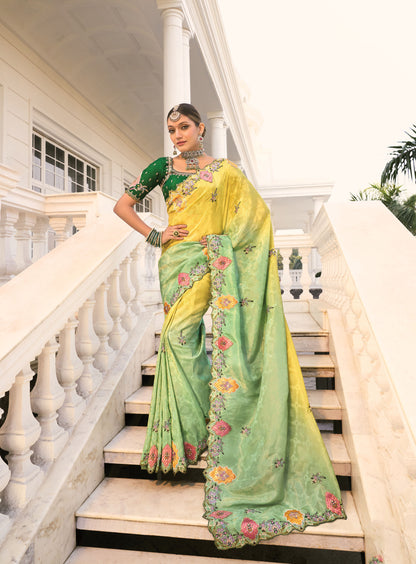 Lime Yellow and Green Crepe Jacquard Cutdana Work Saree