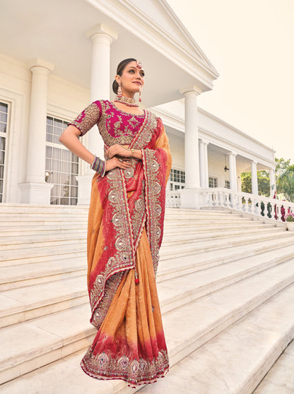 Peach Crepe Jacquard Zarkan Embroidery Festive Saree