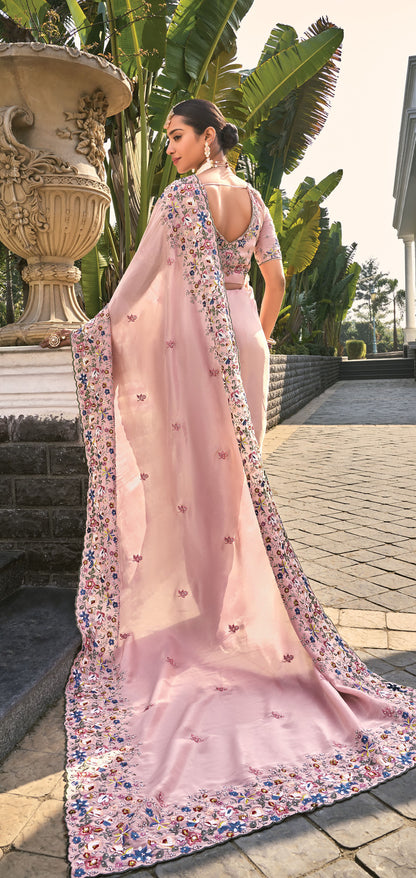 Pink Banarasi Silk Zarkan Embroidery Party Wear Saree