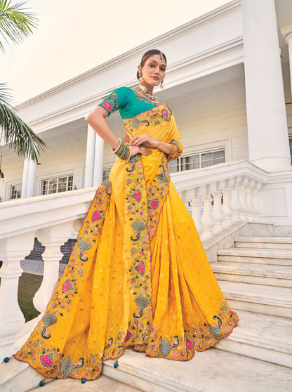 Yellow Crepe Jacquard Cutdana Work Haldi Saree