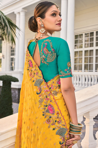 Yellow Crepe Jacquard Cutdana Work Haldi Saree