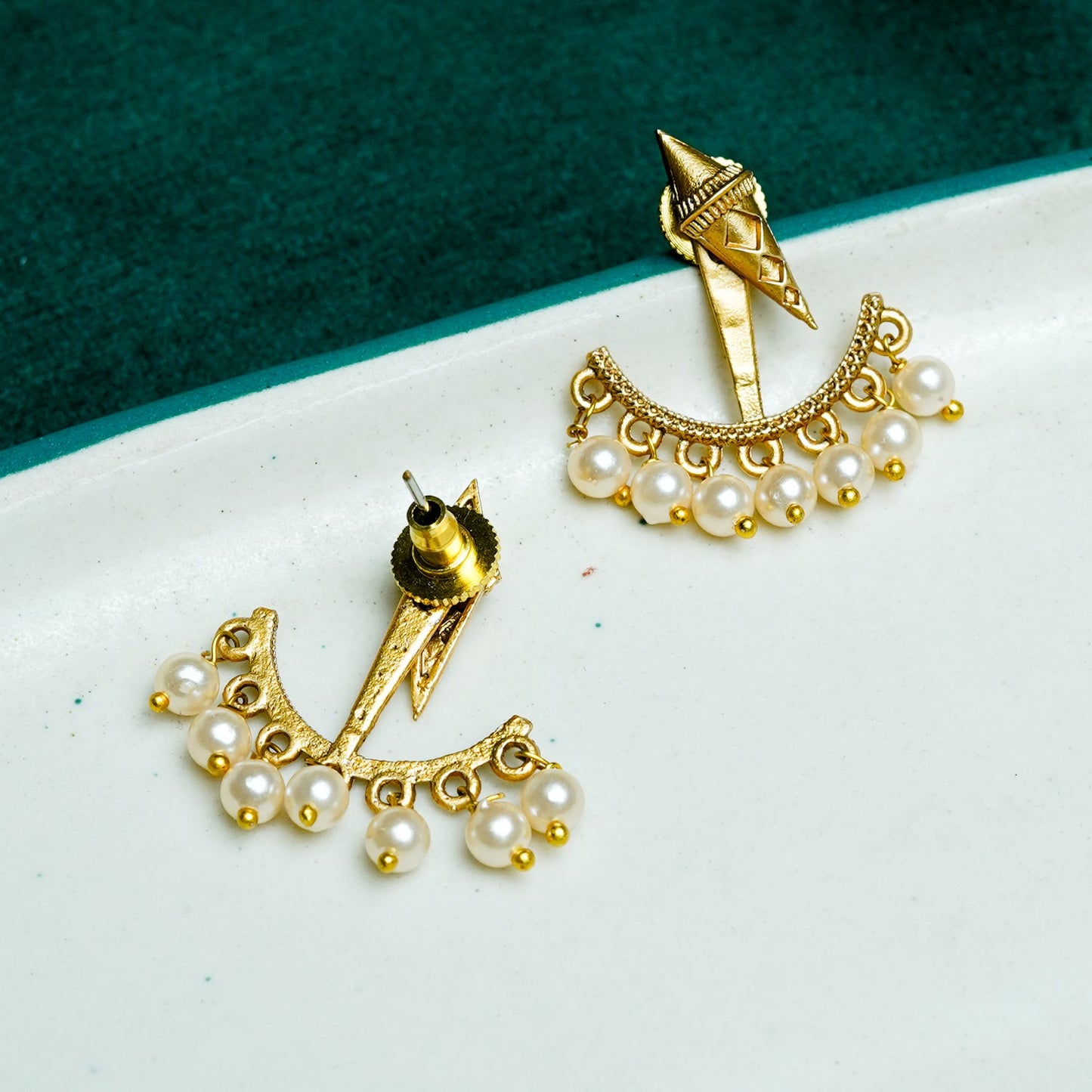 Zevar Club 18K Gold-Plated Statement Stud Earrings with Pointed Top & Cream Pear Pearl Crescent Drop