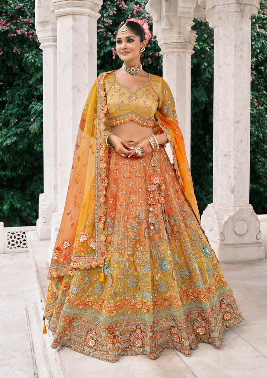 Rust Orange Silk Heavy Mirror & Sequins Embroidered Bridal Lehenga