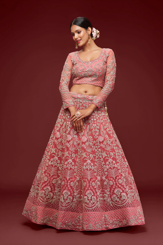 Rose Pink Soft Net Zari & Badla, Glitter Dori Work Bridal Lehenga