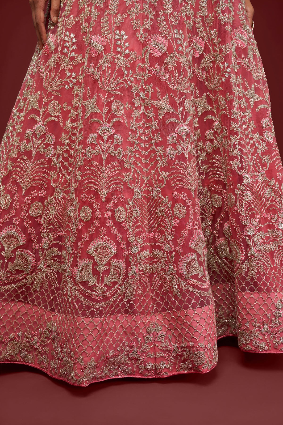 Rose Pink Soft Net Zari & Badla, Glitter Dori Work Bridal Lehenga