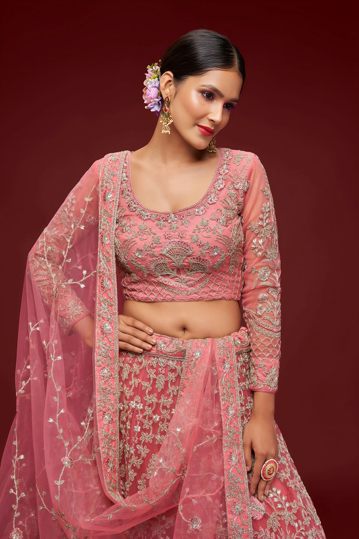 Rose Pink Soft Net Zari & Badla, Glitter Dori Work Bridal Lehenga