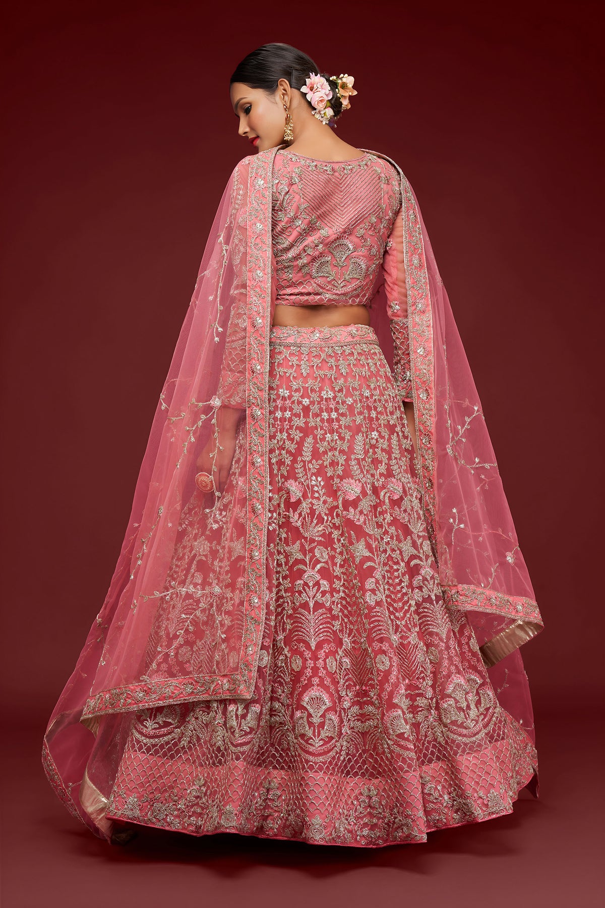 Rose Pink Soft Net Zari & Badla, Glitter Dori Work Bridal Lehenga
