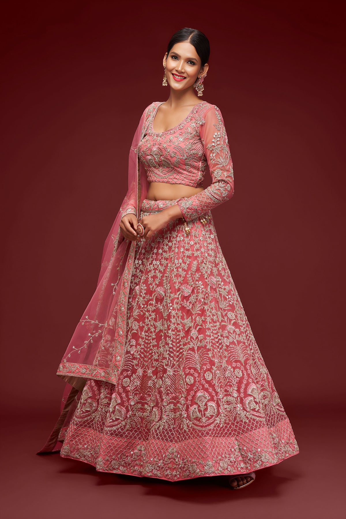 Rose Pink Soft Net Zari & Badla, Glitter Dori Work Bridal Lehenga