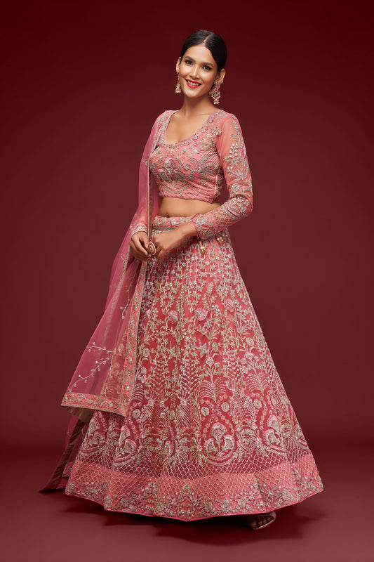 Rose Pink Soft Net Zari & Badla, Glitter Dori Work Bridal Lehenga