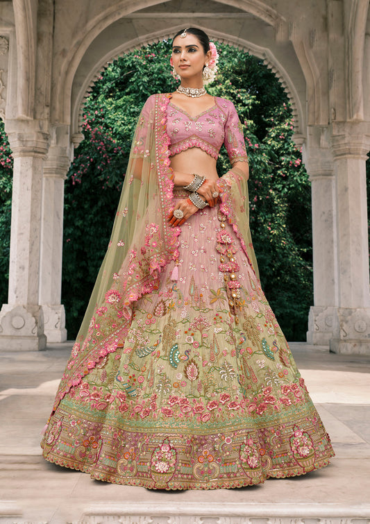 Pink and Beige Silk Heavy Mirror & Sequins Embroidered Bridal Lehenga