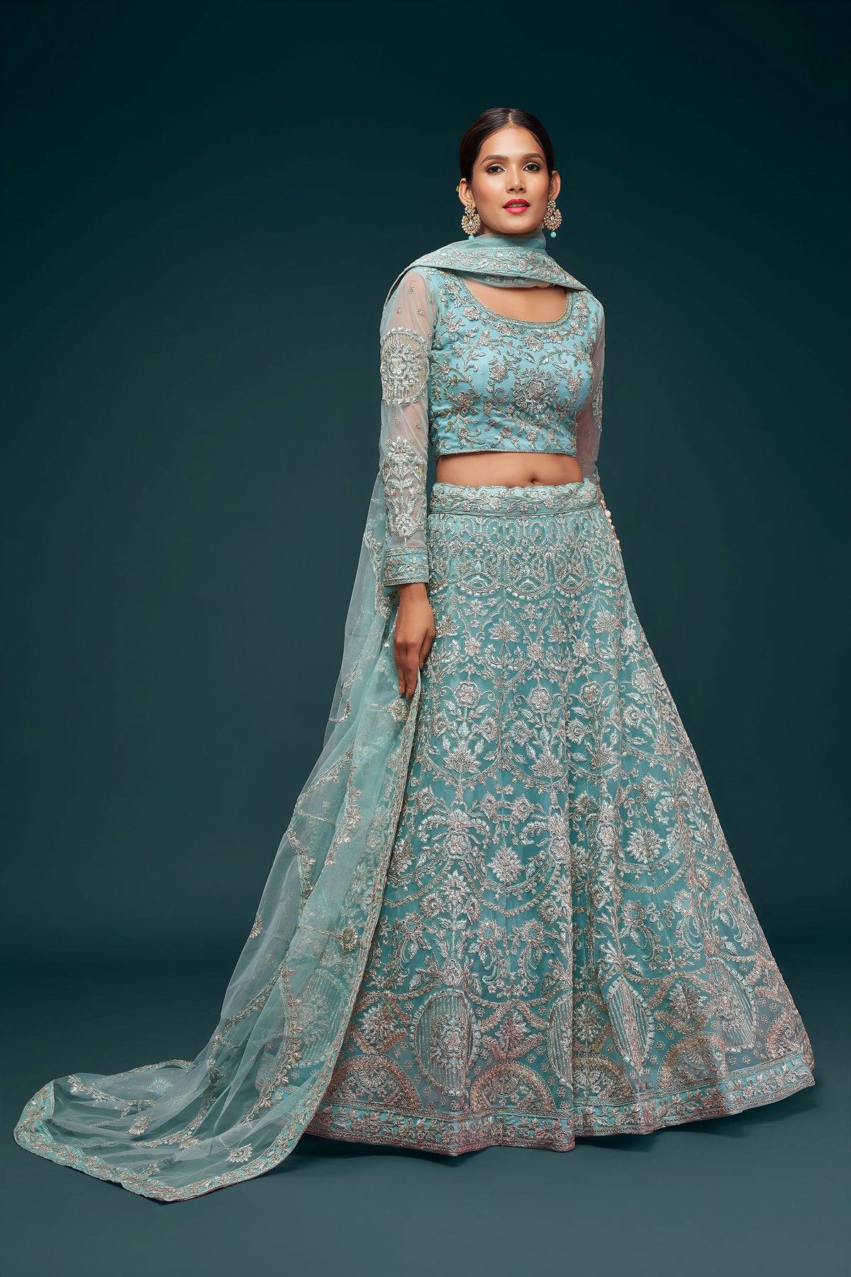 Aqua Blue Soft Net Zari & Badla, Glitter Dori Work Wedding Lehenga