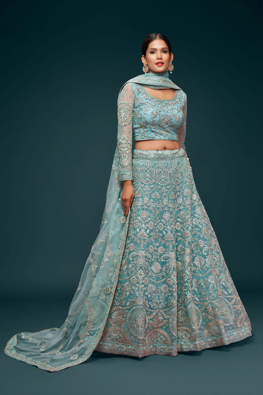 Aqua Blue Soft Net Zari & Badla, Glitter Dori Work Wedding Lehenga