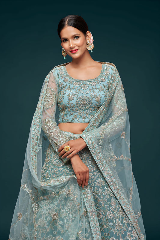 Aqua Blue Soft Net Zari & Badla, Glitter Dori Work Wedding Lehenga