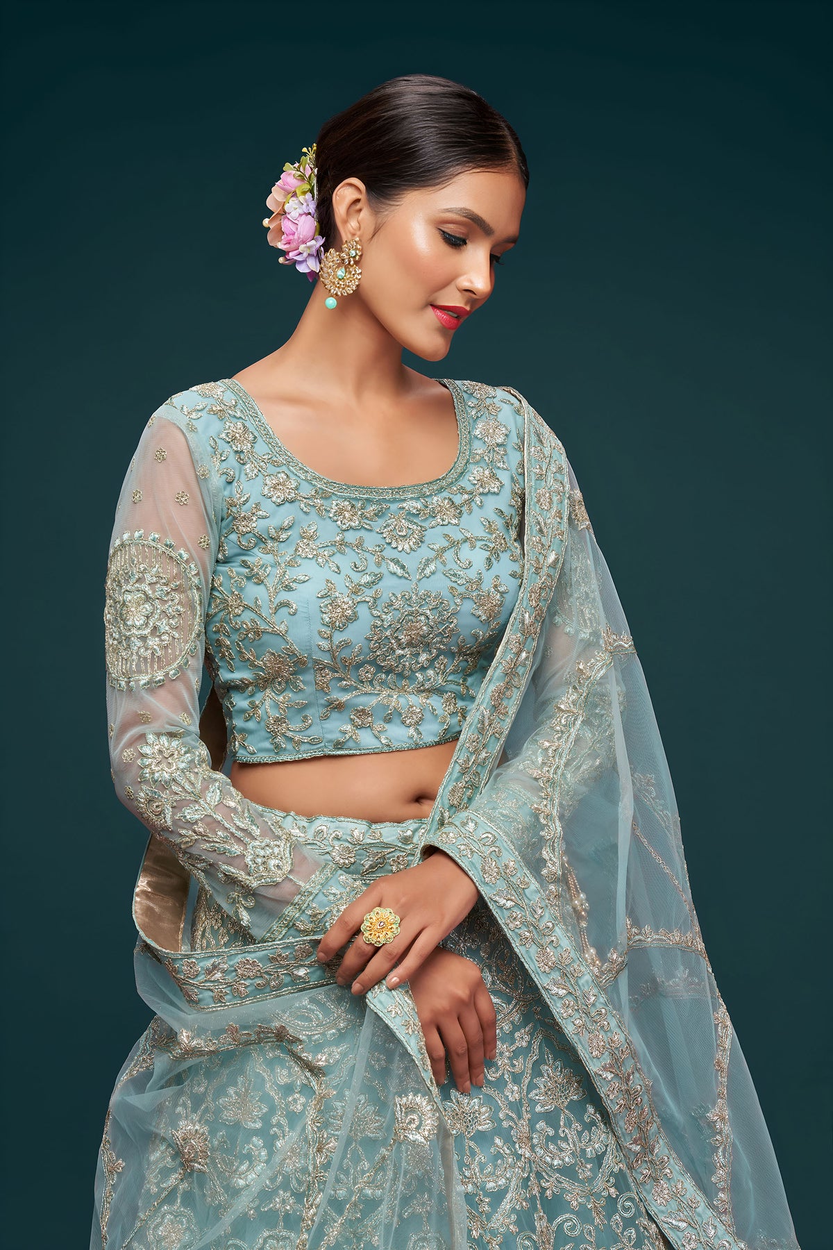 Aqua Blue Soft Net Zari & Badla, Glitter Dori Work Wedding Lehenga