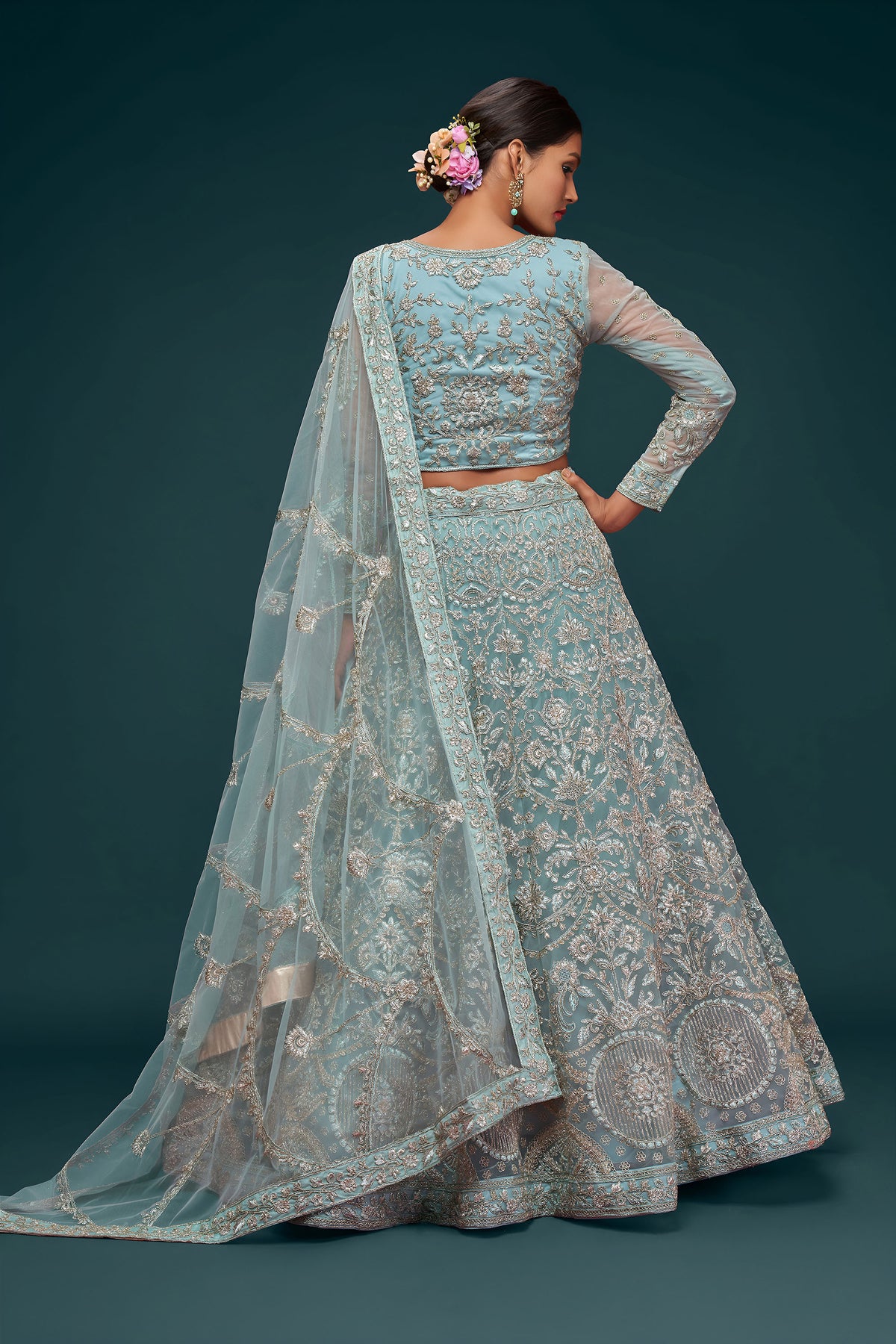 Aqua Blue Soft Net Zari & Badla, Glitter Dori Work Wedding Lehenga