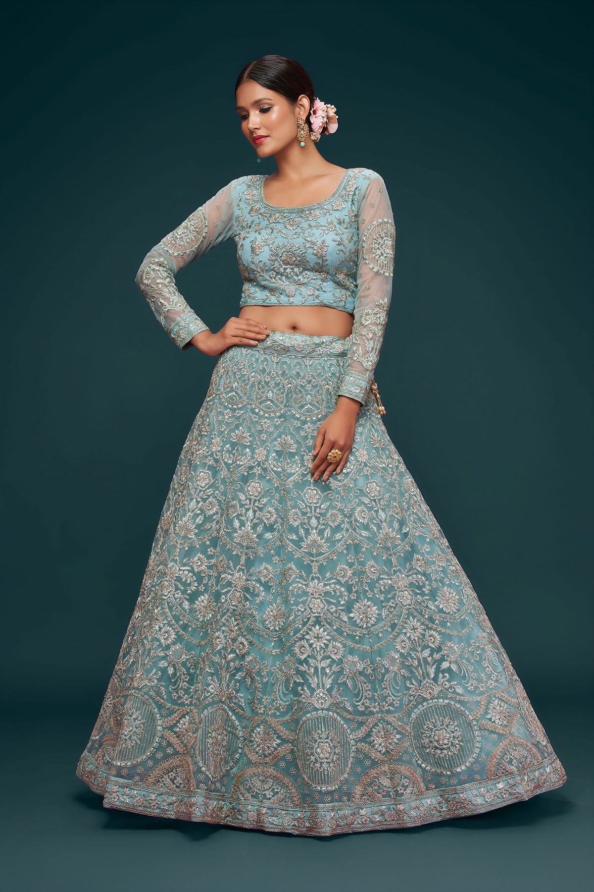 Aqua Blue Soft Net Zari & Badla, Glitter Dori Work Wedding Lehenga