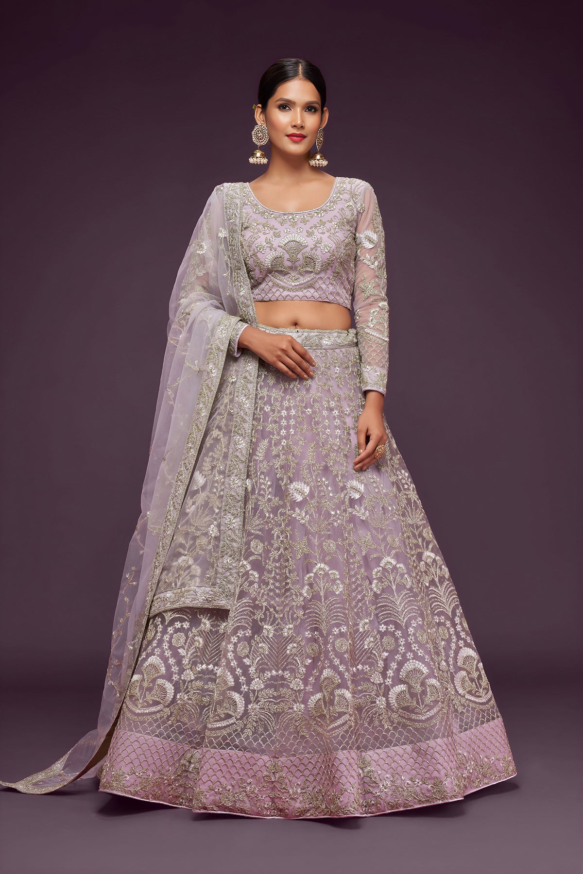 Mauve Soft Net Zari & Badla, Glitter Dori Work Bridal Lehenga