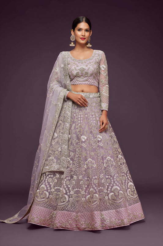 Mauve Soft Net Zari & Badla, Glitter Dori Work Bridal Lehenga