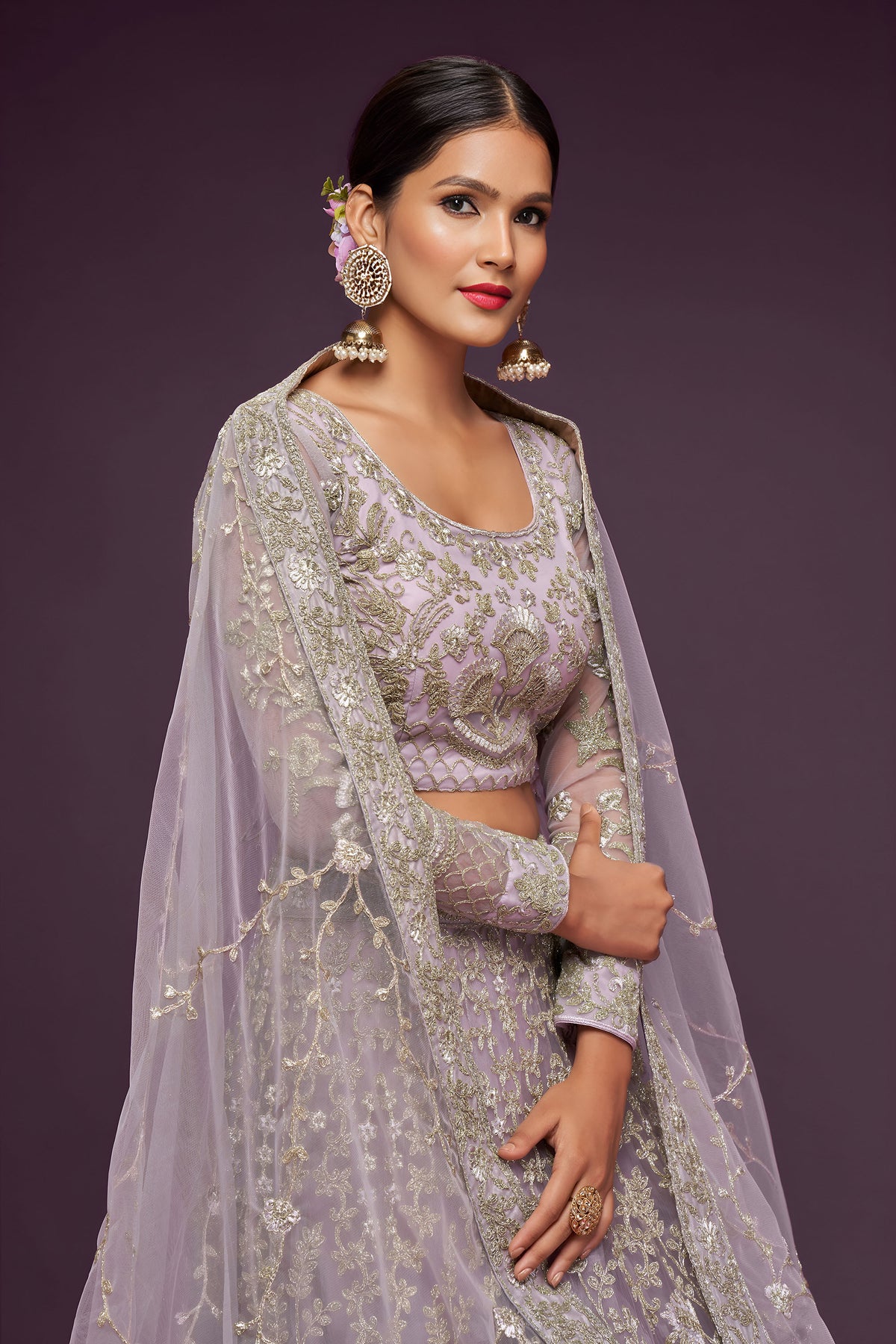 Mauve Soft Net Zari & Badla, Glitter Dori Work Bridal Lehenga