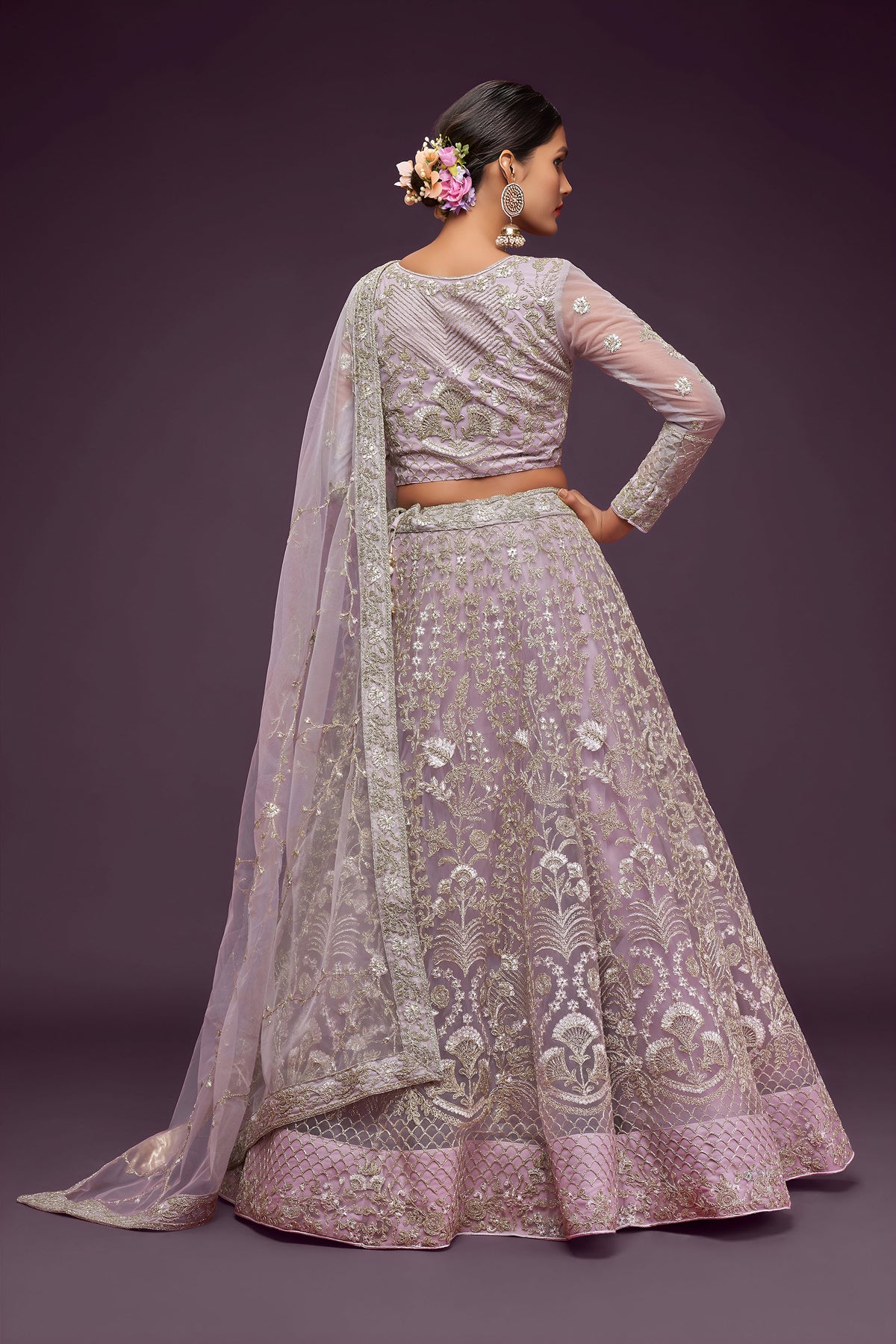 Mauve Soft Net Zari & Badla, Glitter Dori Work Bridal Lehenga