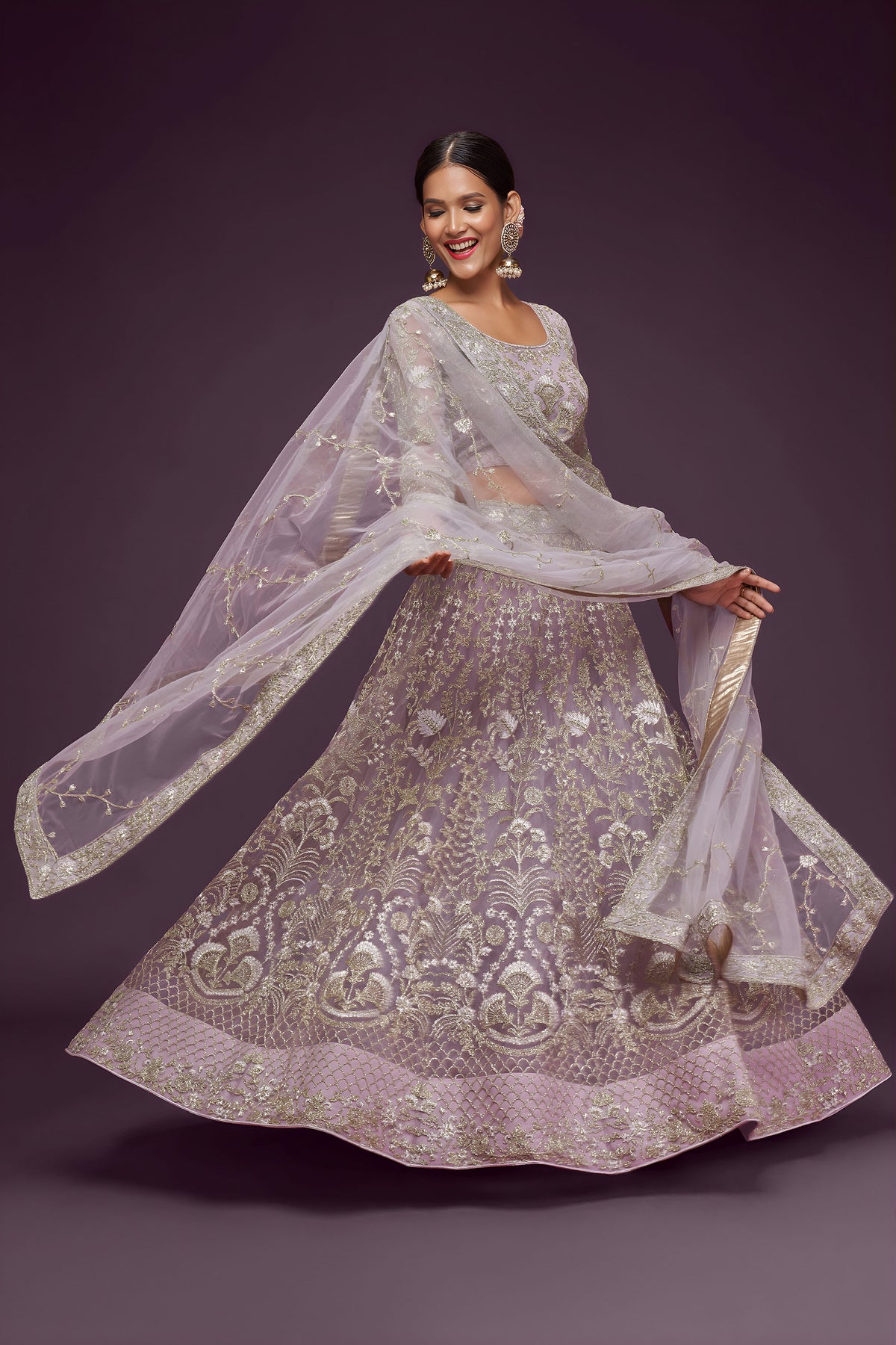 Mauve Soft Net Zari & Badla, Glitter Dori Work Bridal Lehenga