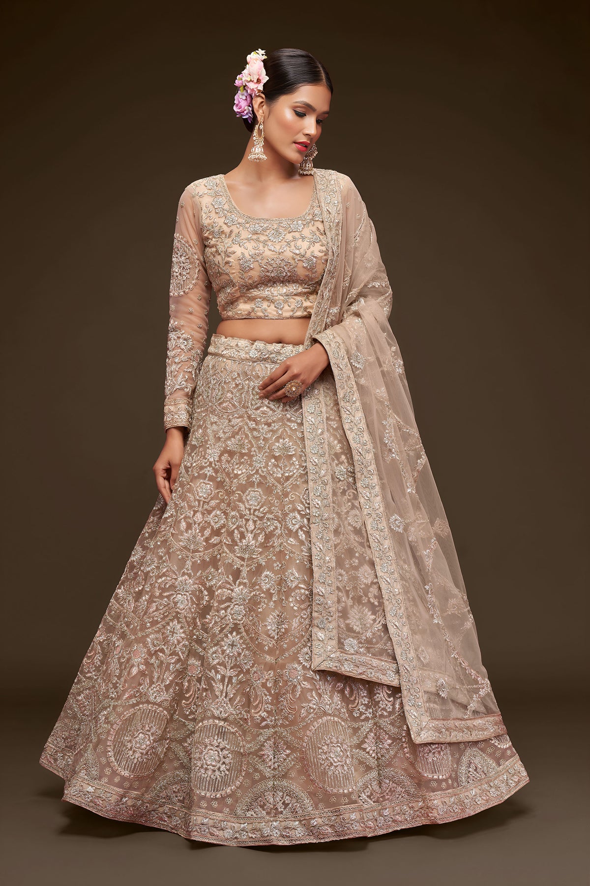 Beige Soft Net Zari & Badla, Glitter Dori Work Wedding Lehenga