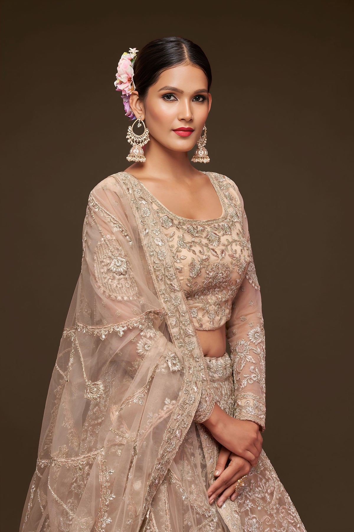 Beige Soft Net Zari & Badla, Glitter Dori Work Wedding Lehenga
