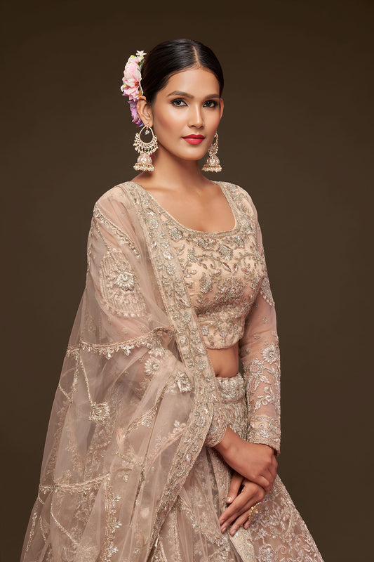 Beige Soft Net Zari & Badla, Glitter Dori Work Wedding Lehenga