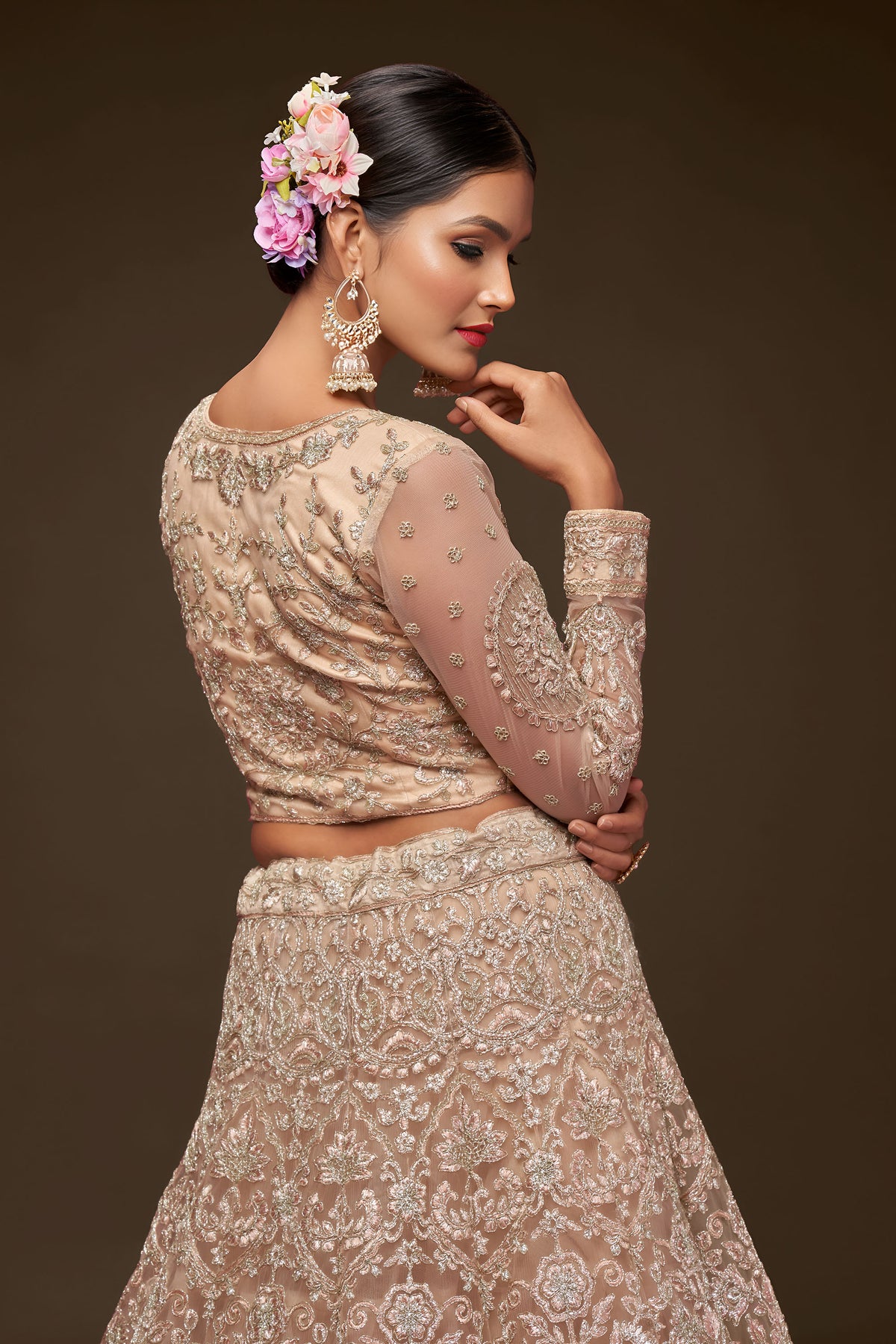 Beige Soft Net Zari & Badla, Glitter Dori Work Wedding Lehenga