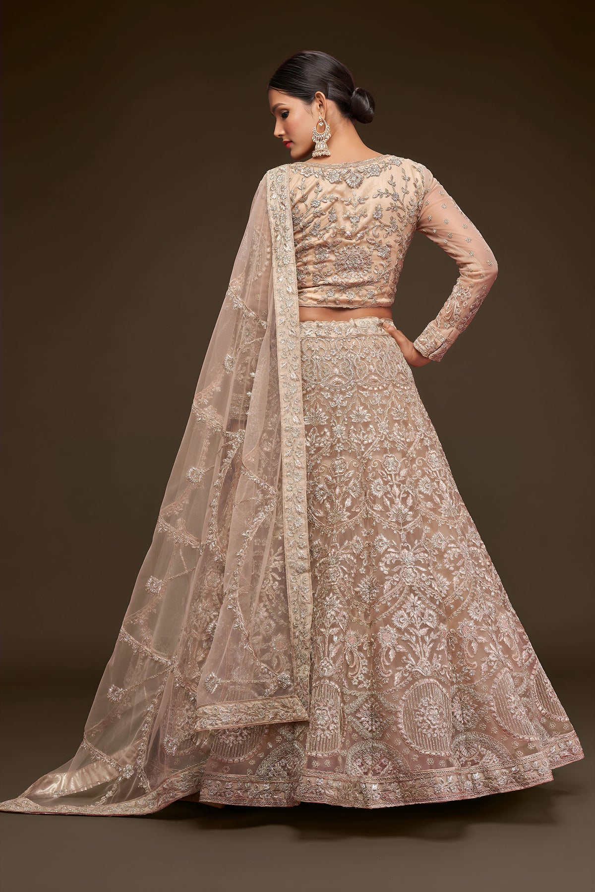 Beige Soft Net Zari & Badla, Glitter Dori Work Wedding Lehenga