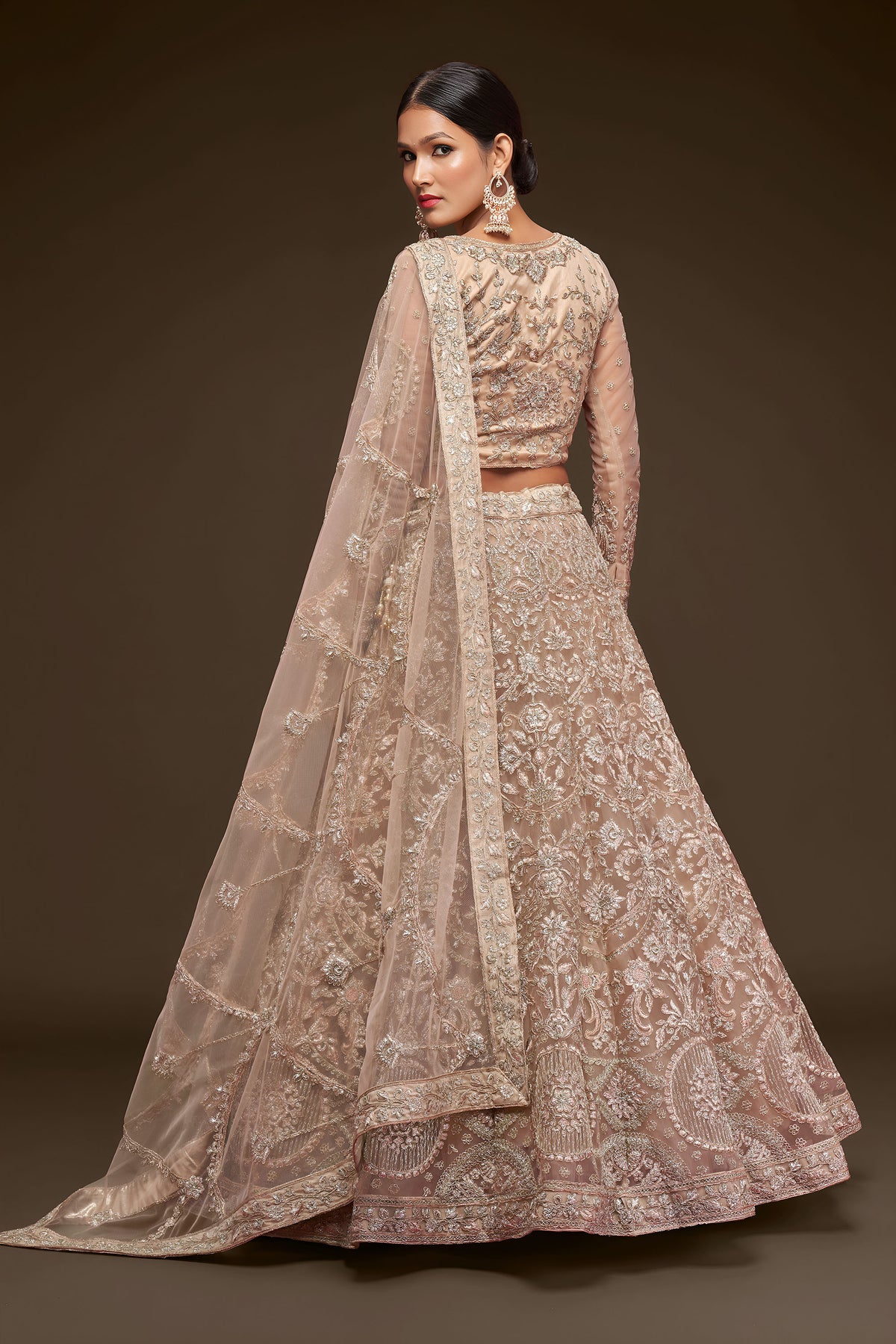 Beige Soft Net Zari & Badla, Glitter Dori Work Wedding Lehenga