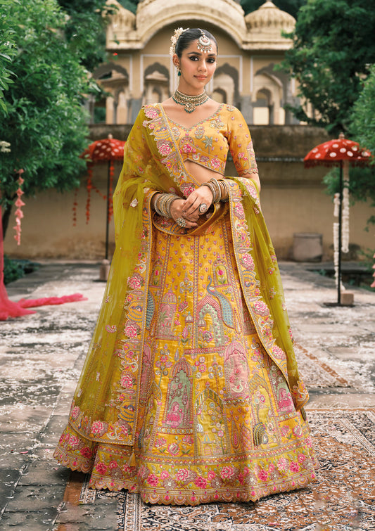 Mehendi Green and Orange Silk Heavy Mirror & Sequins Embroidered Bridal Lehenga