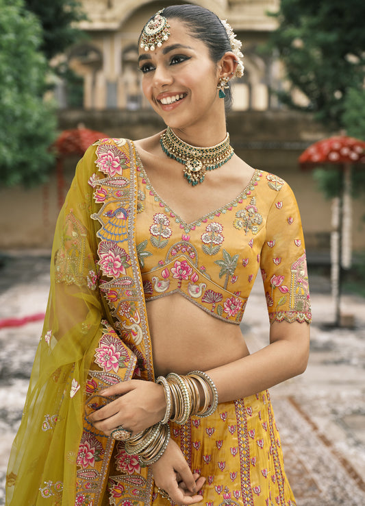 Mehendi Green and Orange Silk Heavy Mirror & Sequins Embroidered Bridal Lehenga