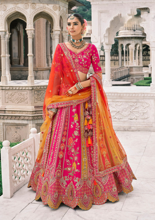 Pink and Orange Silk Heavy Mirror & Sequins Embroidered Bridal Lehenga