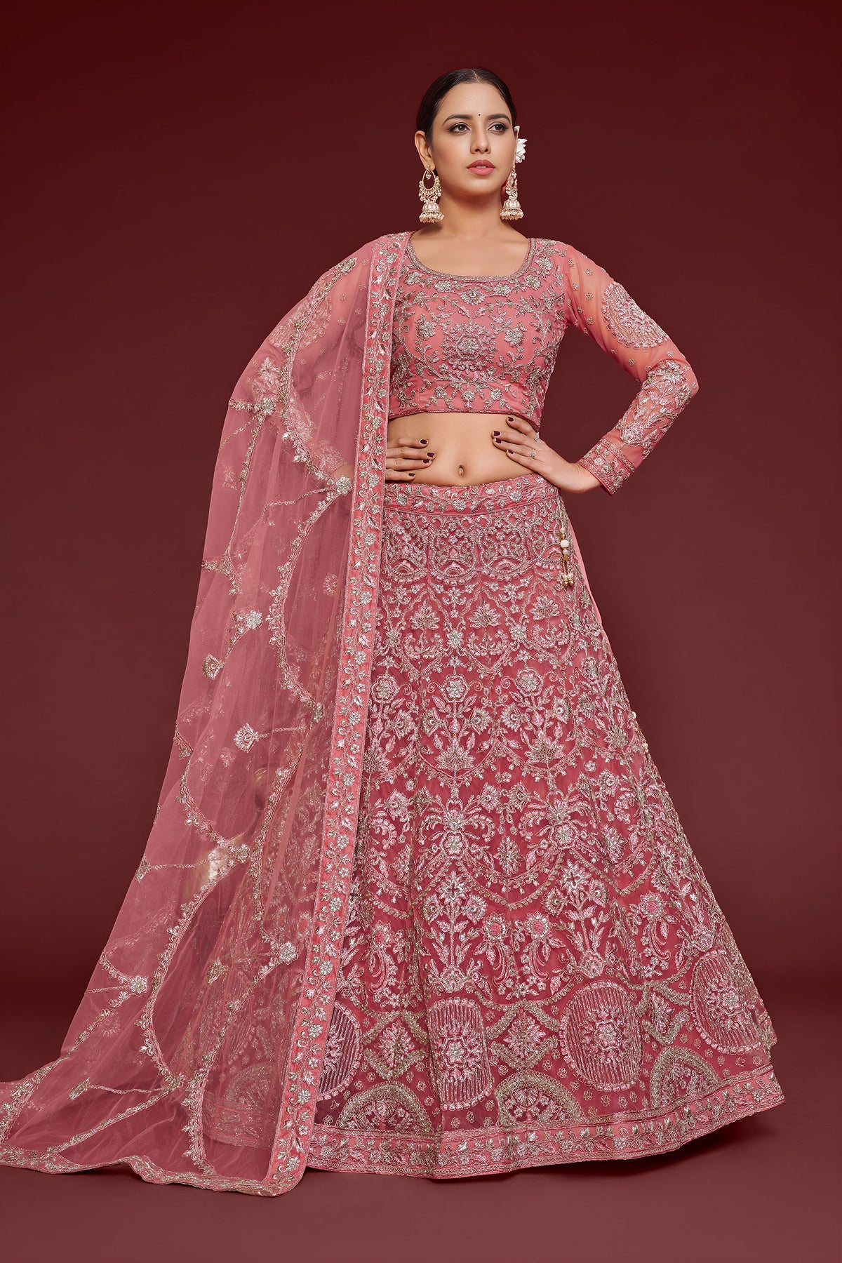 Pink Soft Net Zari & Thread Glitter Dori Work Bridal Lehenga
