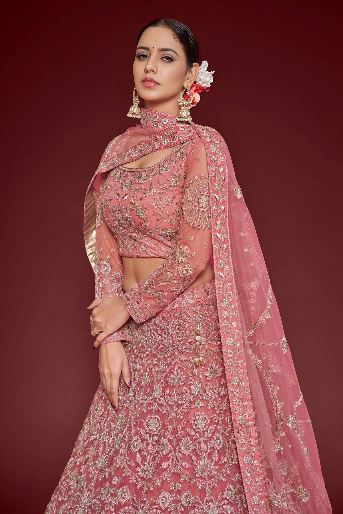 Pink Soft Net Zari & Thread Glitter Dori Work Bridal Lehenga
