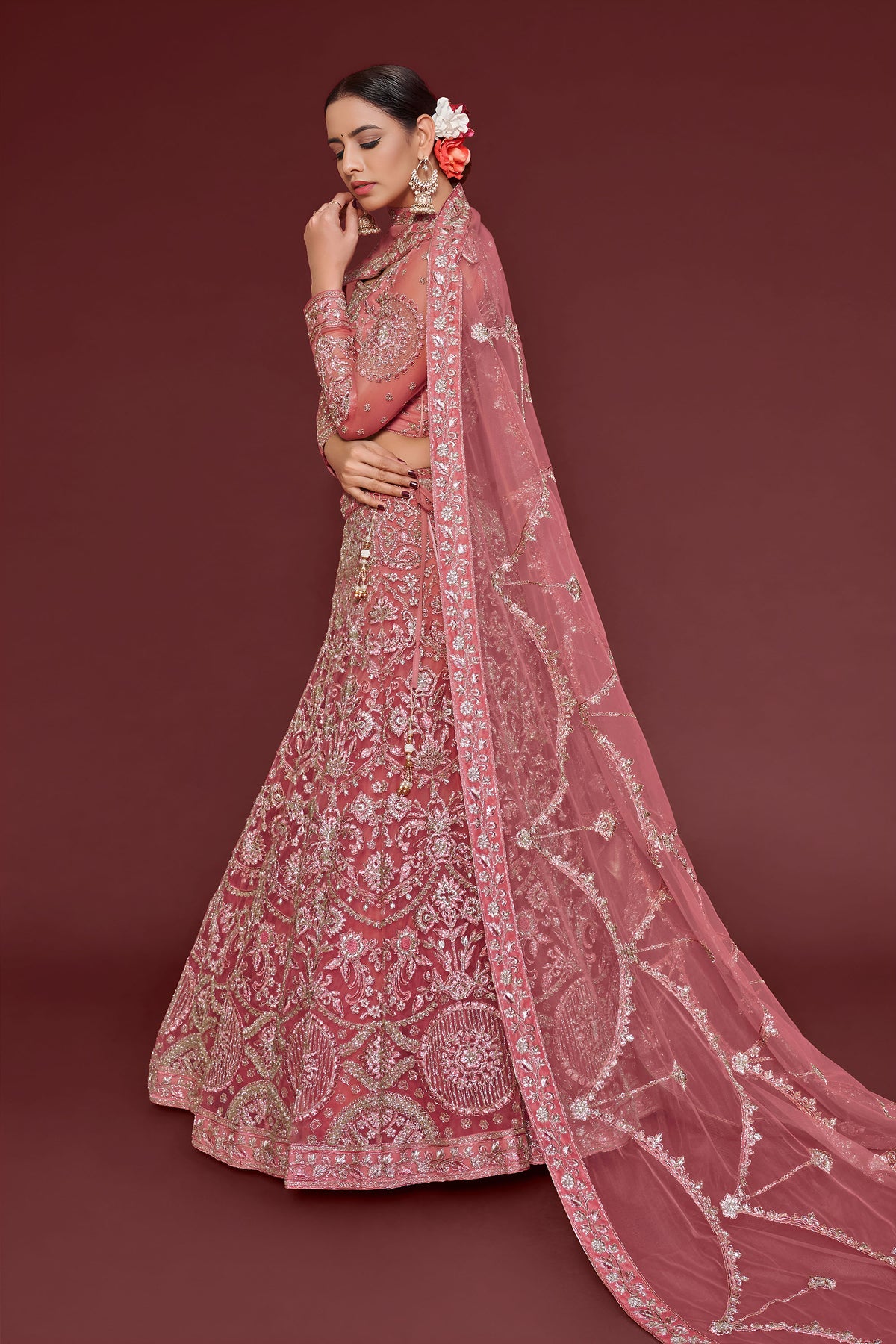 Pink Soft Net Zari & Thread Glitter Dori Work Bridal Lehenga