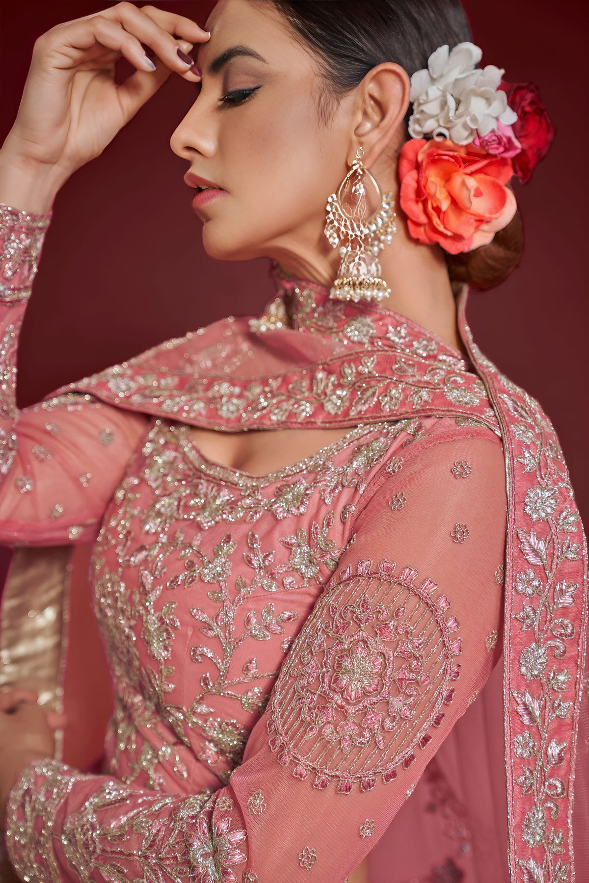 Pink Soft Net Zari & Thread Glitter Dori Work Bridal Lehenga