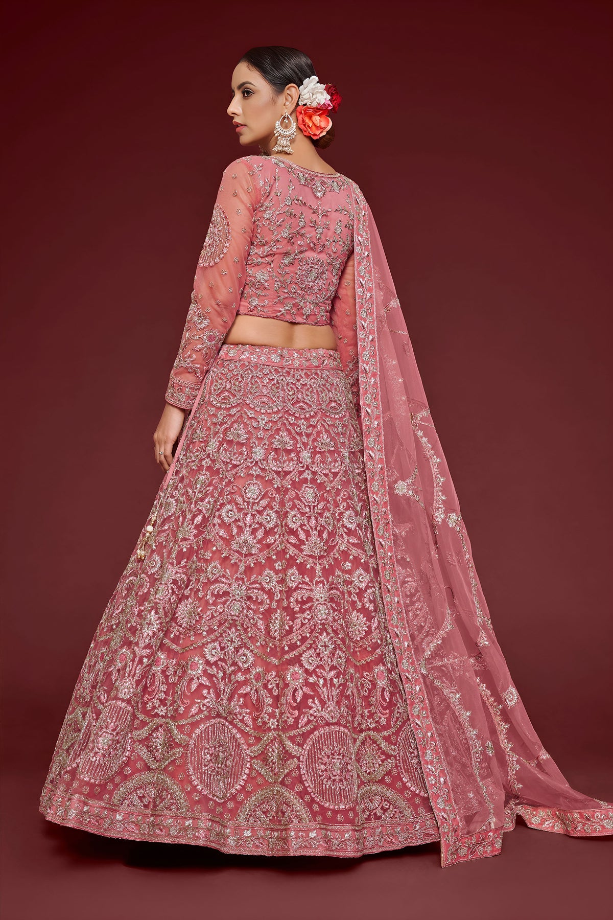 Pink Soft Net Zari & Thread Glitter Dori Work Bridal Lehenga