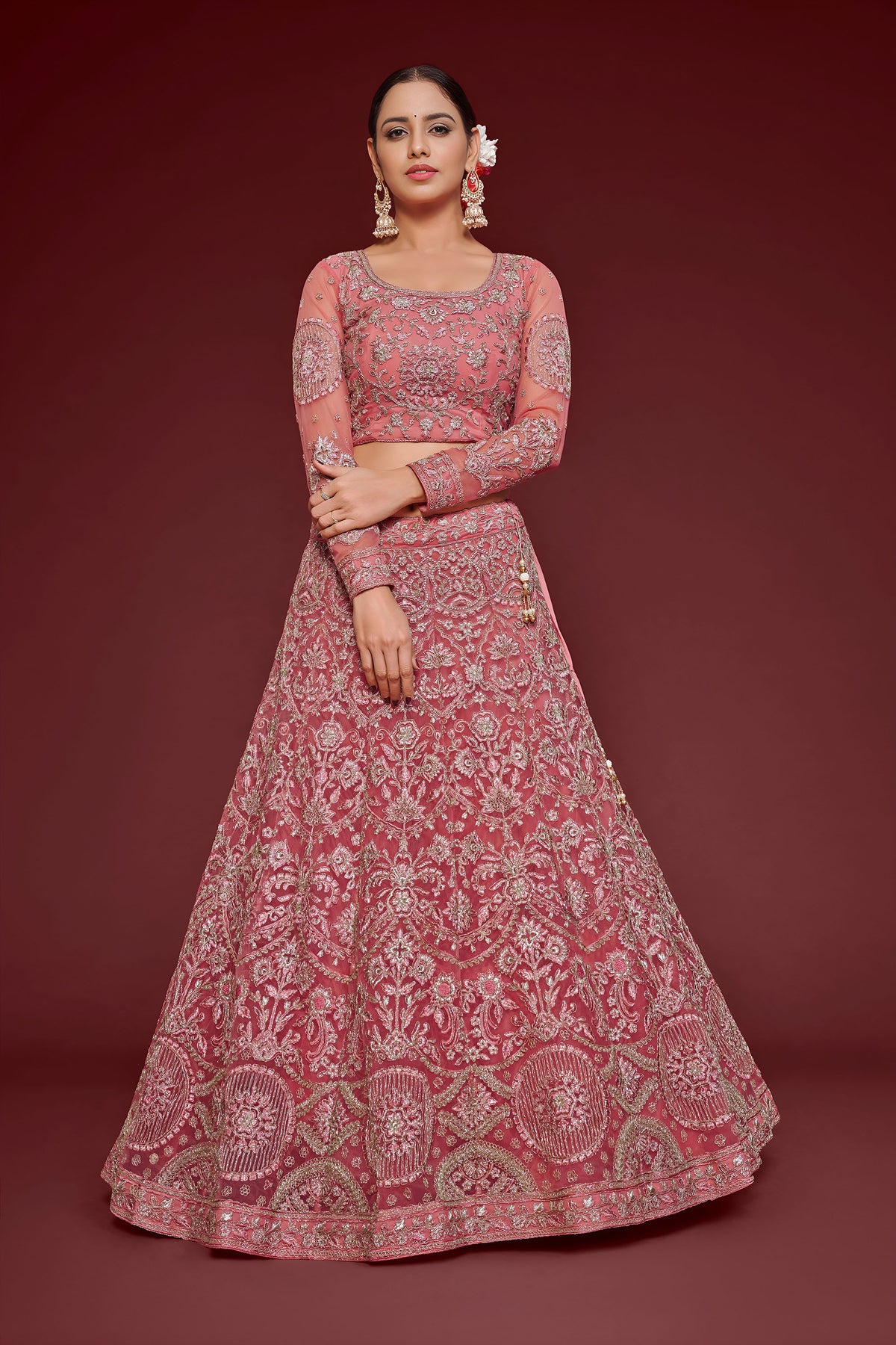 Pink Soft Net Zari & Thread Glitter Dori Work Bridal Lehenga