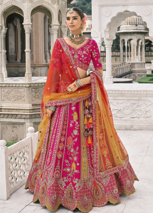 Pink and Orange Silk Heavy Mirror & Sequins Embroidered Bridal Lehenga