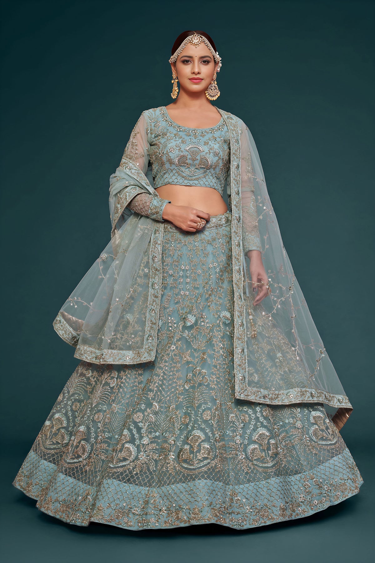 Sky Blue Soft Net Zari & Thread, Glitter Dori Work Wedding Lehenga