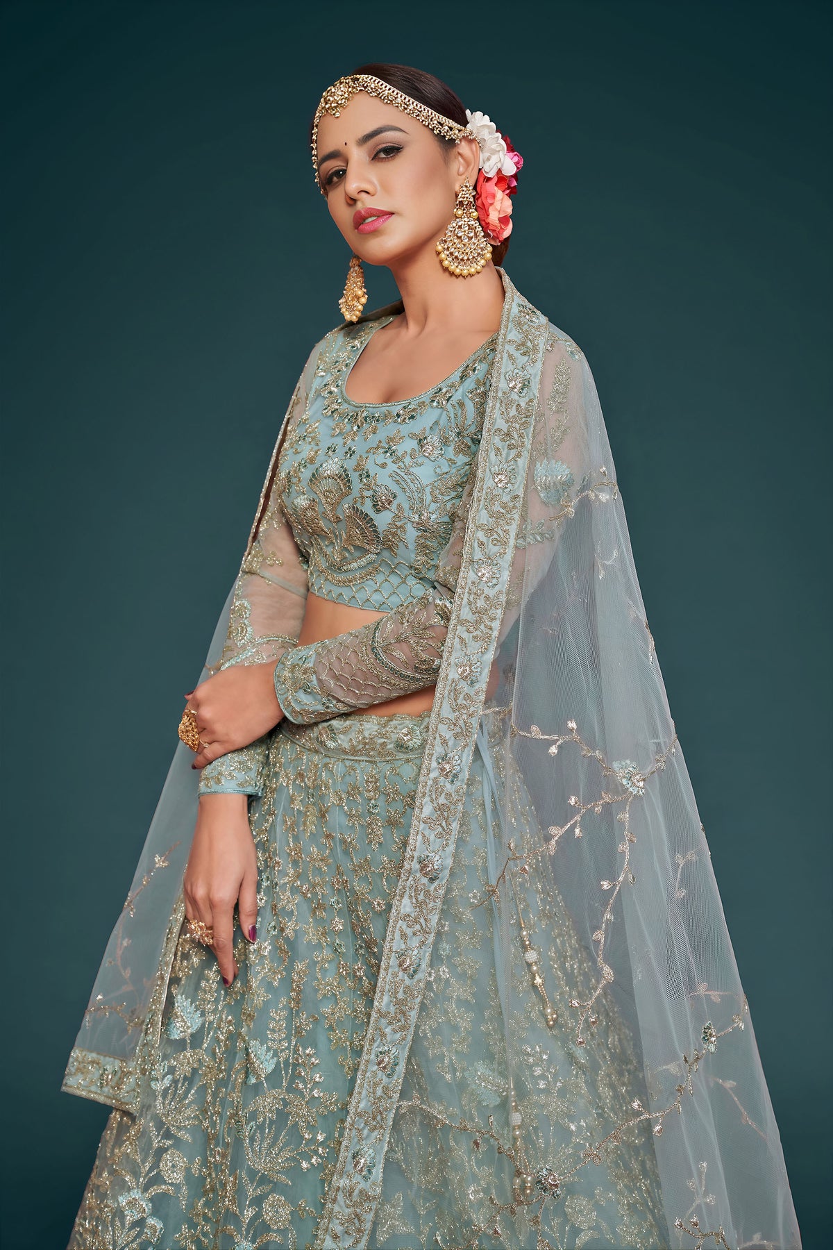 Sky Blue Soft Net Zari & Thread, Glitter Dori Work Wedding Lehenga